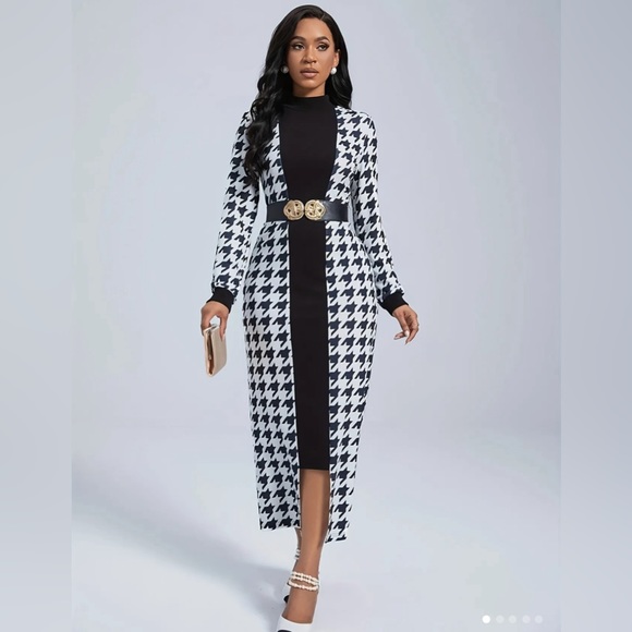 Houndstooth Print Belted Longline Blazer Dress - Black and White - Picture 3 of 4